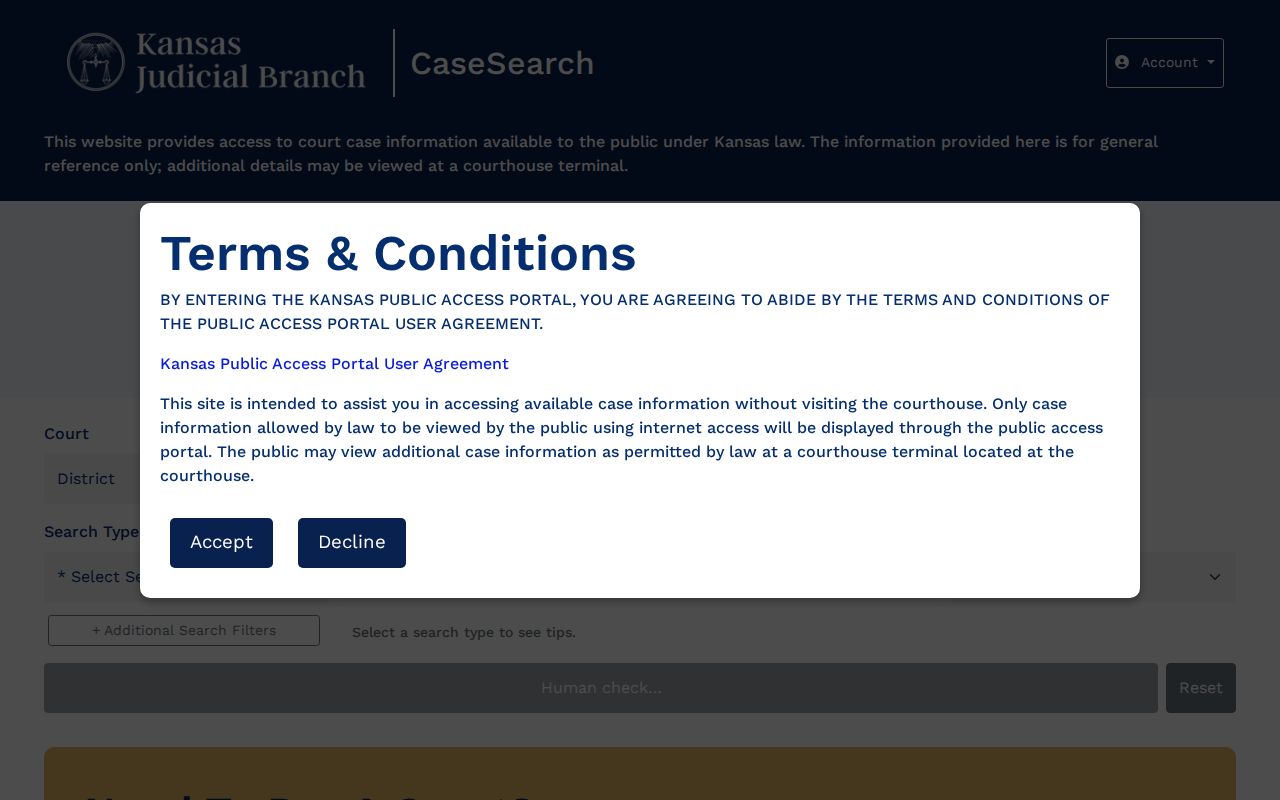 Live Kansas CaseSearch form with court, search type, county, and filter fields