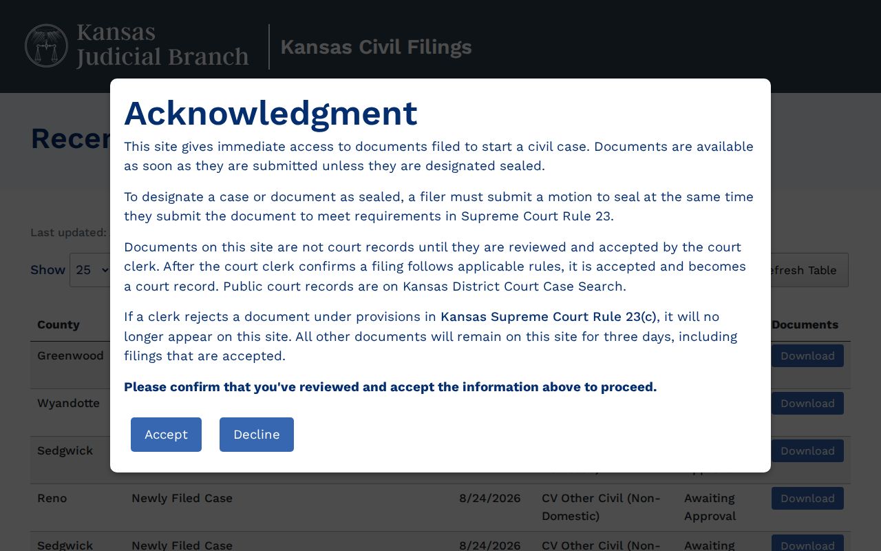 Kansas Civil Filings board for recently submitted district court filings