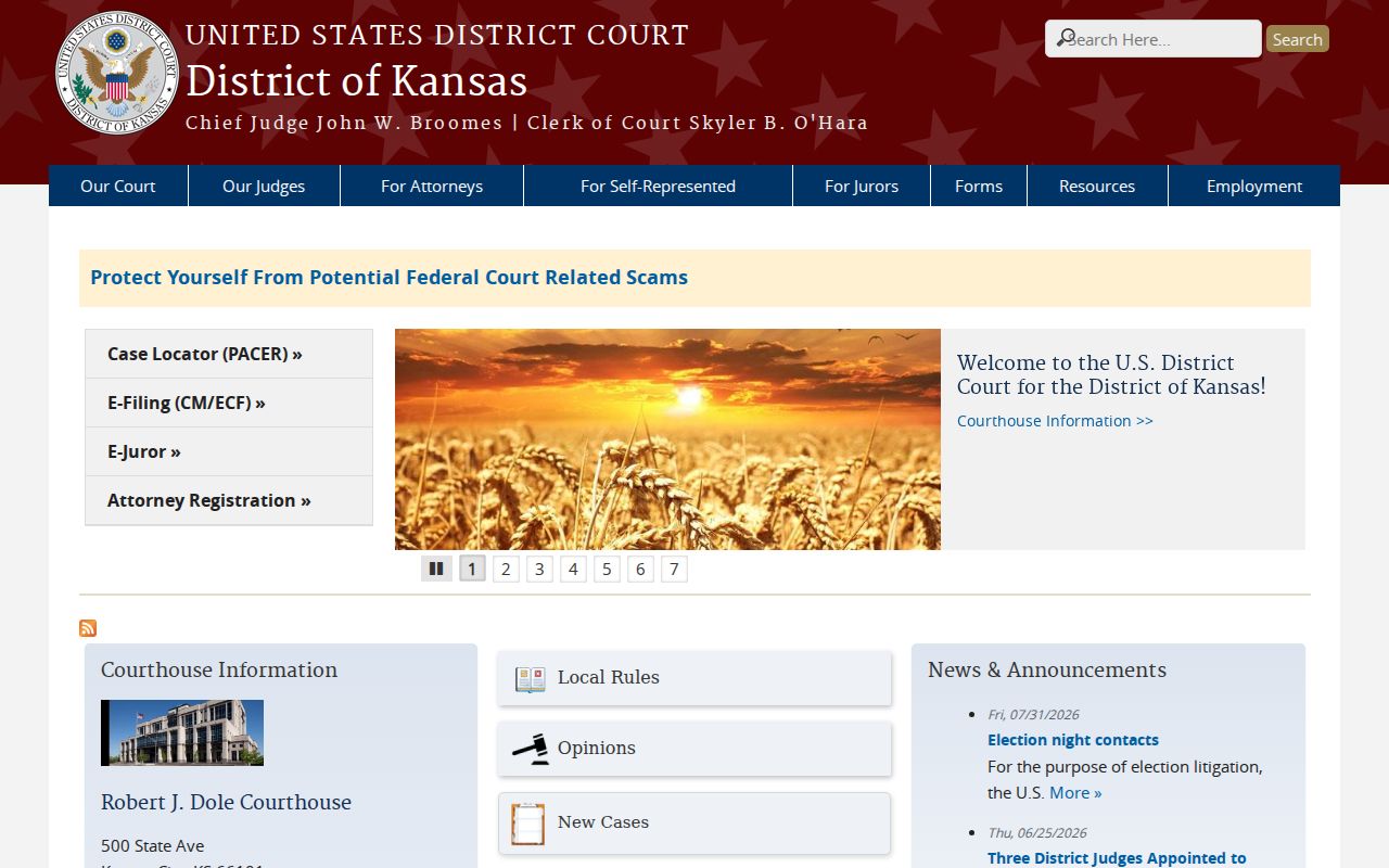 Rush County court calendar District of Kansas federal court route
