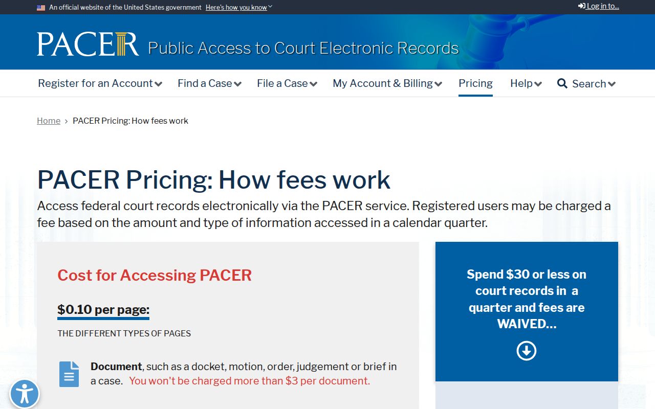 Official PACER pricing page for federal court records
