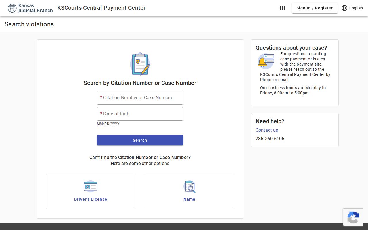 Kansas Courts Central Payment Center citation and case search form